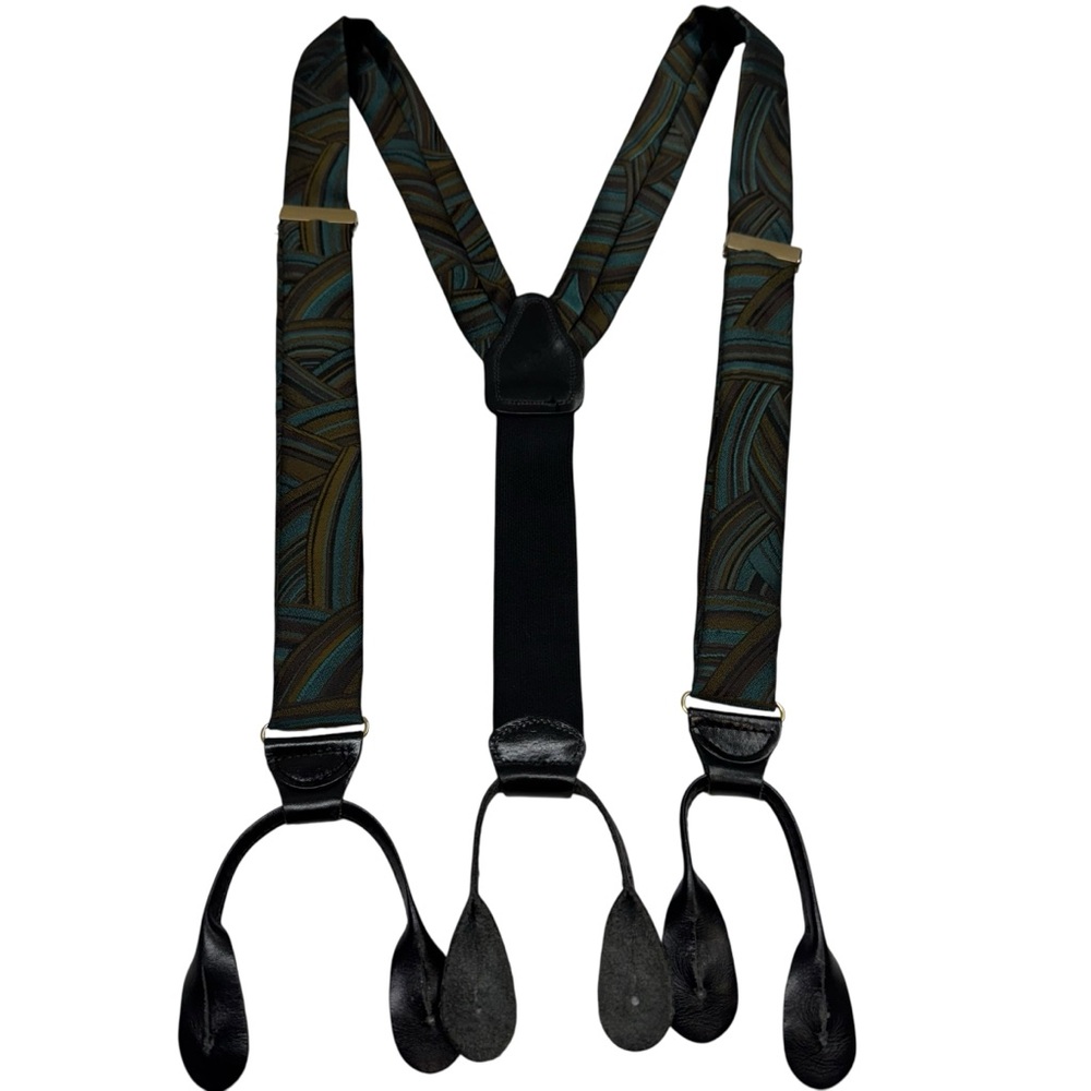 CAS Germany Suspenders Braces Men’s Silk Geometric Green Leather Tabs